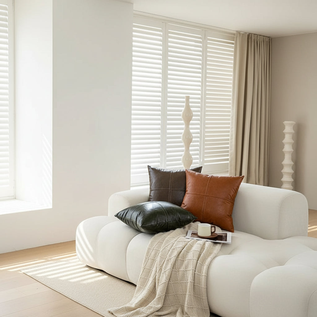 "Coussin cuir synthétique couleurs blanc chocolat marron noir disponibles"