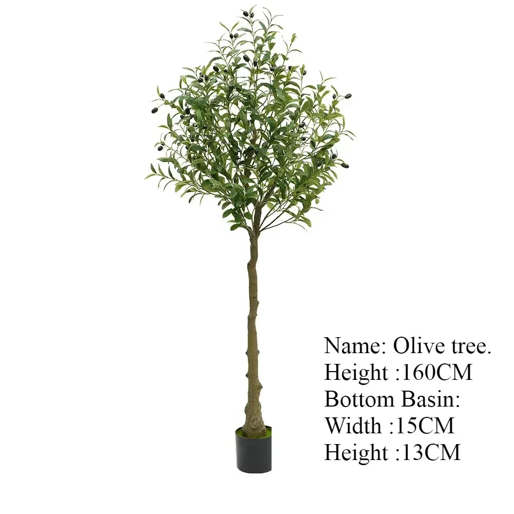 La Plante artificielle d'extérieur Olivier est un olivier en pot de 160 cm de haut, aux feuilles vertes et aux olives noires. Il est présenté dans un pot noir (15 cm de large x 13 cm de haut). Les détails de l'arbre se trouvent à droite.