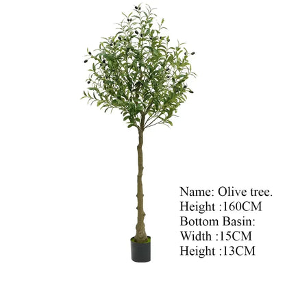 La Plante artificielle d'extérieur Olivier est un olivier en pot de 160 cm de haut, aux feuilles vertes et aux olives noires. Il est présenté dans un pot noir (15 cm de large x 13 cm de haut). Les détails de l'arbre se trouvent à droite.