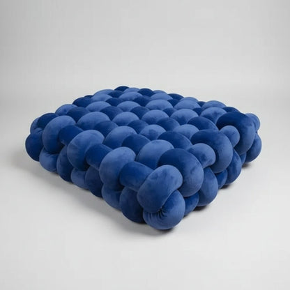 Grand coussin canapé velours bleu noué main 40x40cm design minimaliste