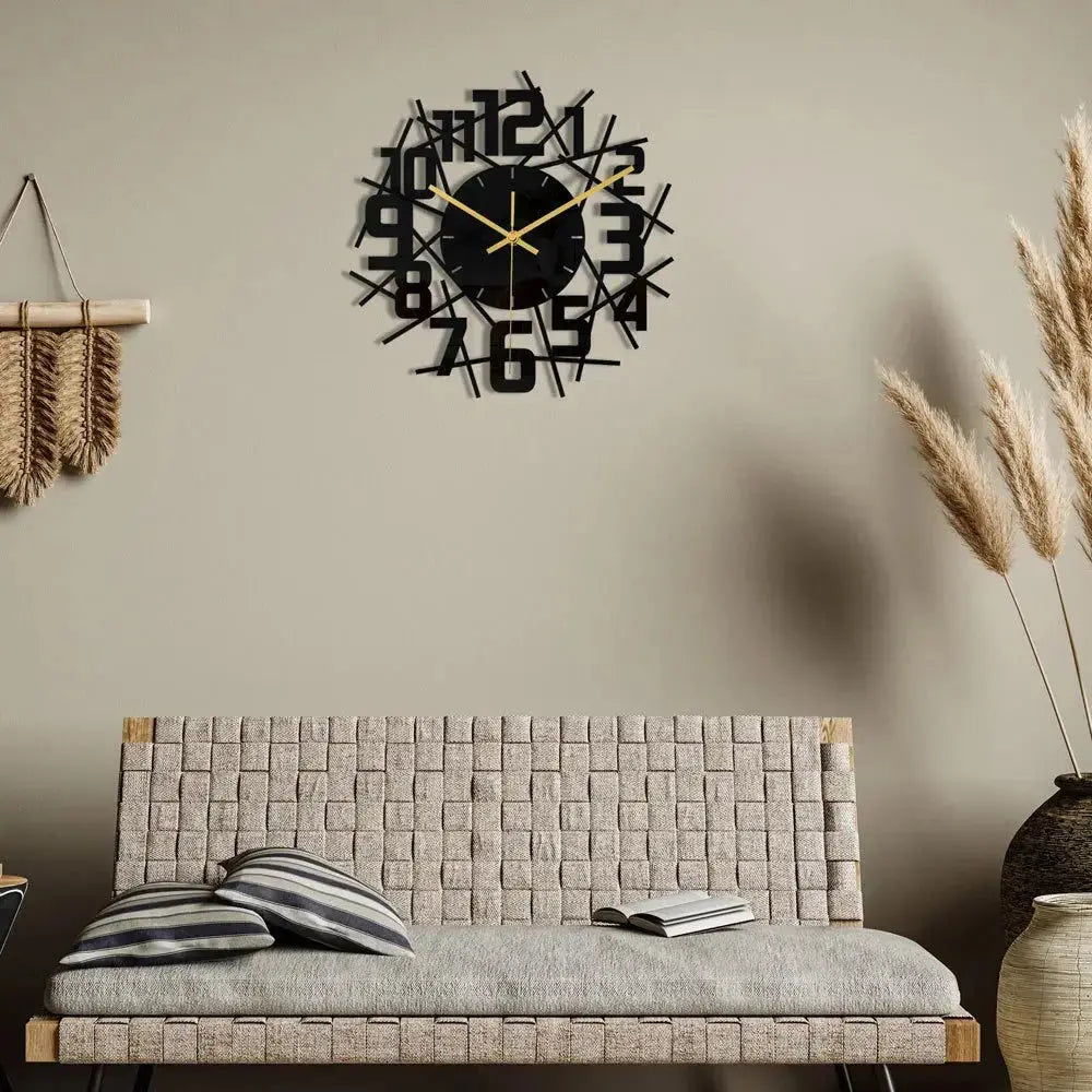 Horloge murale noire acrylique ajouree motif floral 30cm fond blanc nordique creatif