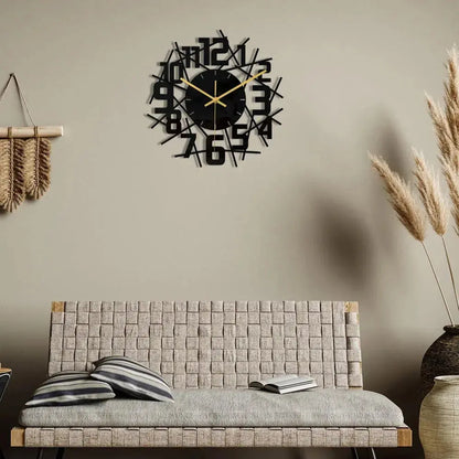 Horloge murale noire acrylique ajouree motif floral 30cm fond blanc nordique creatif