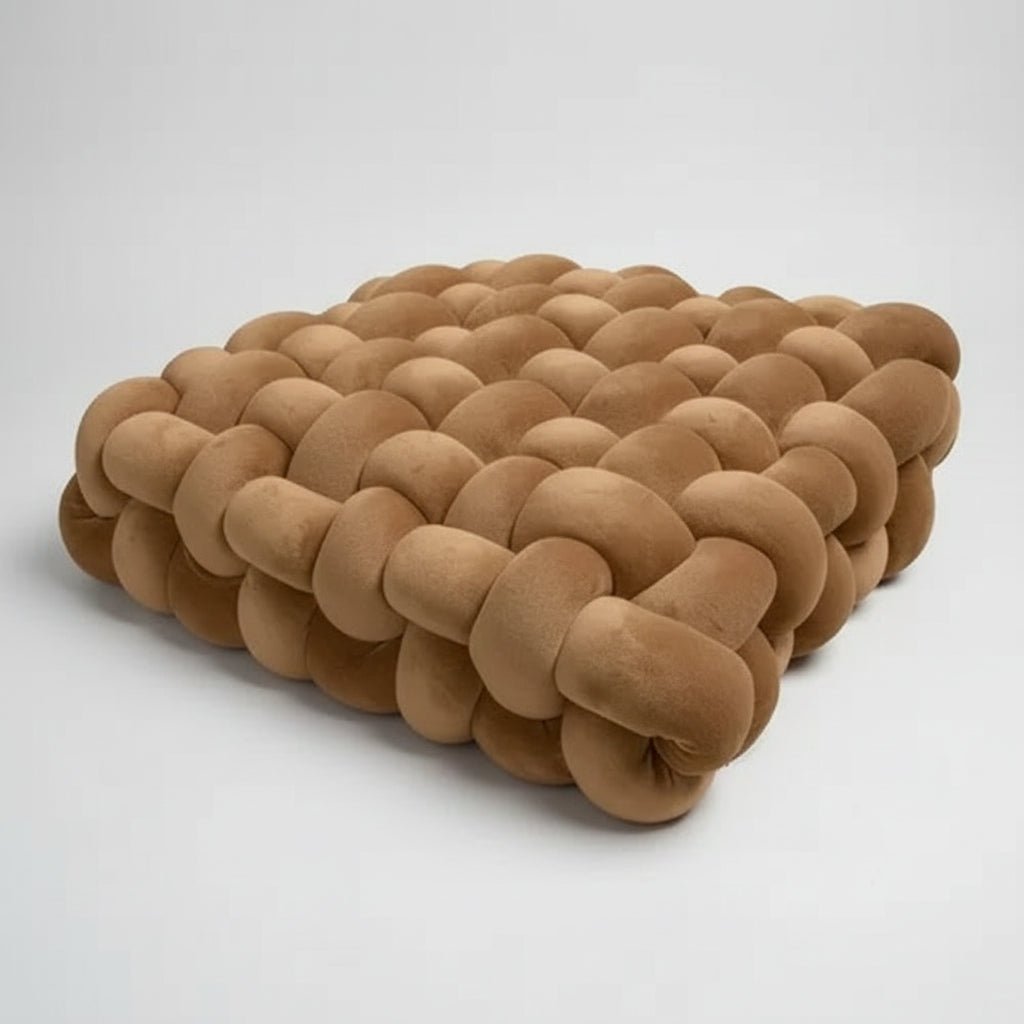 Grand coussin canapé velours marron noué main style bohème