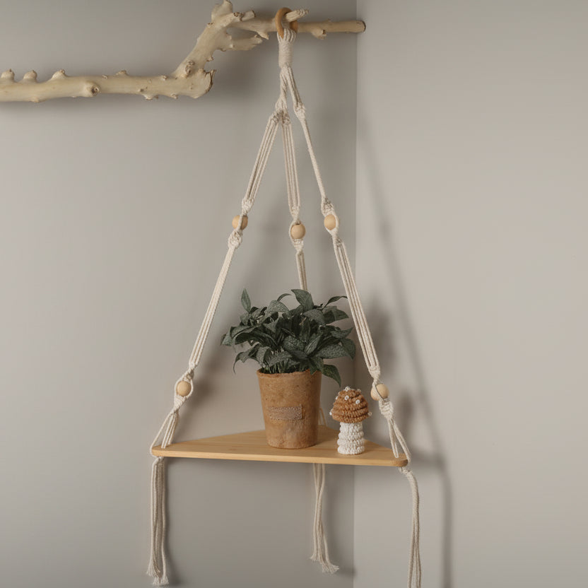 Etagere murale bois suspendue triangulaire plantes objets déco artisanal
