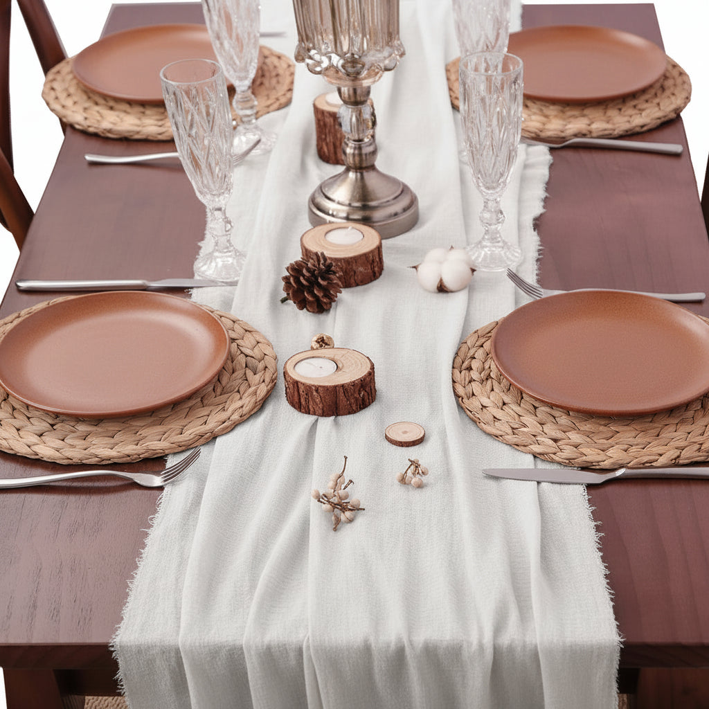 Chemin de table blanc en gaze naturelle, large et polyvalent, de la marque Mafrenesiedecoration, idéal pour la décoration de table.