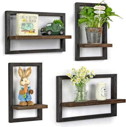 Ensemble 4 étagères murales carrées bois avec cadre noir, composition murale décorative avec plantes livres et accessoires style rustique
