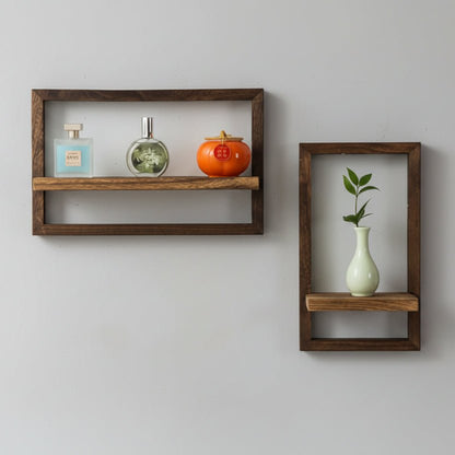 Étagère murale carrée en bois marron 2 pièces, solution de rangement mural flottant style farmhouse pour salon chambre
