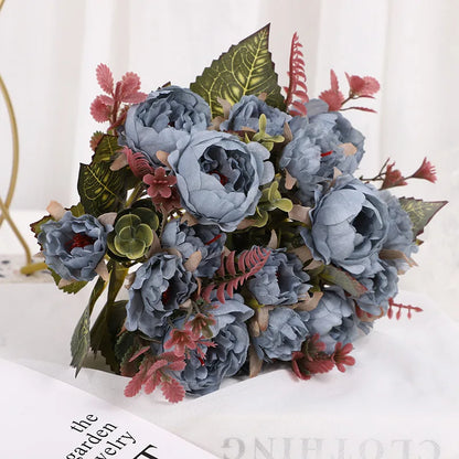 Pivoine artificielle bleue en soie, bouquet de 30 cm