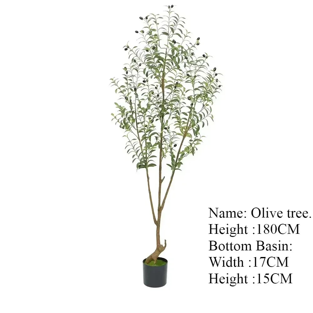 Plante artificielle extérieure-Olive, 180cm de haut, avec feuillage vert et olives noires. Idéale pour un jardin méditerranéen. Pot noir : 17cm de large sur 15cm de haut. Nom et dimensions affichés sur le côté.