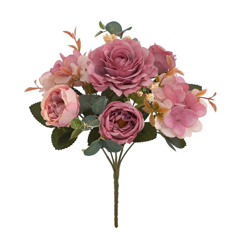 Bouquet de fleurs artificielles vieux rose, style rétro en soie