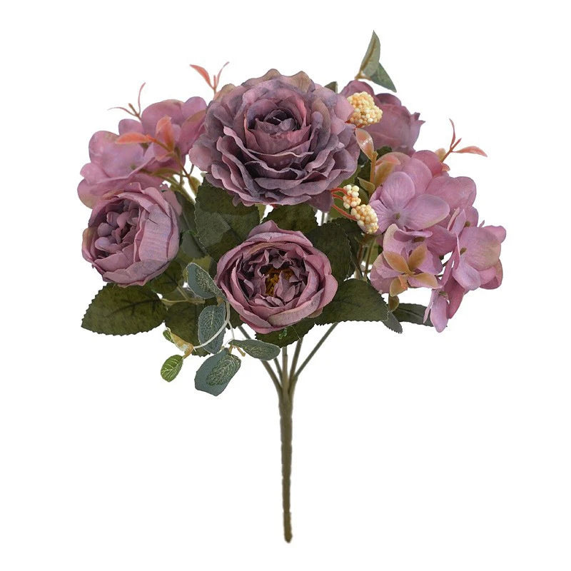 Bouquet de fleurs artificielles mauve, roses et hortensias rétro