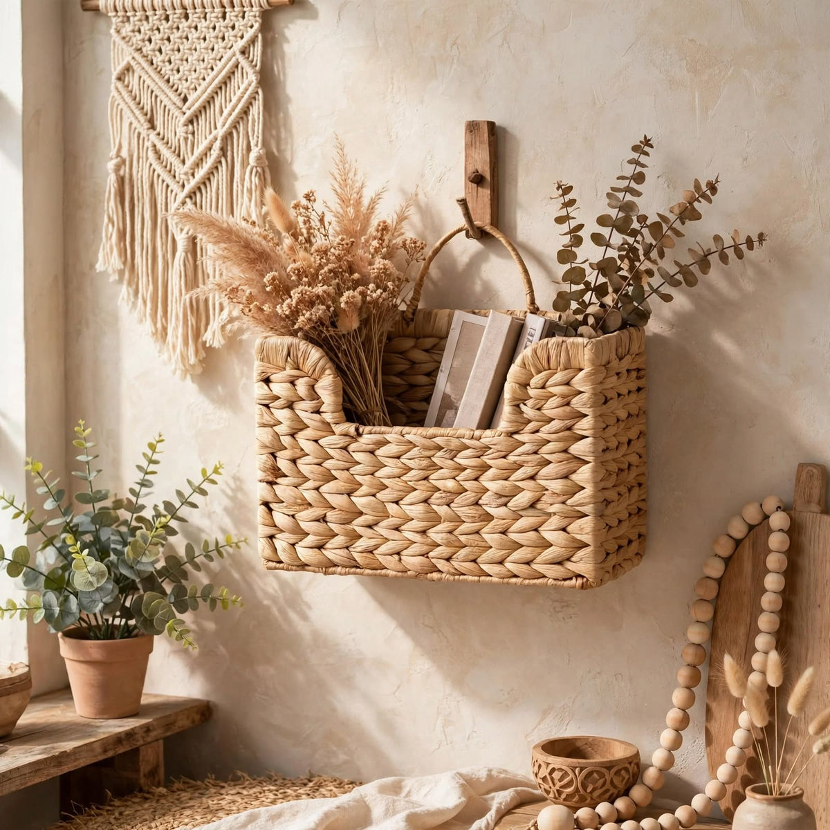 Décoration murale tressée — Panier suspendu en fibres végétales