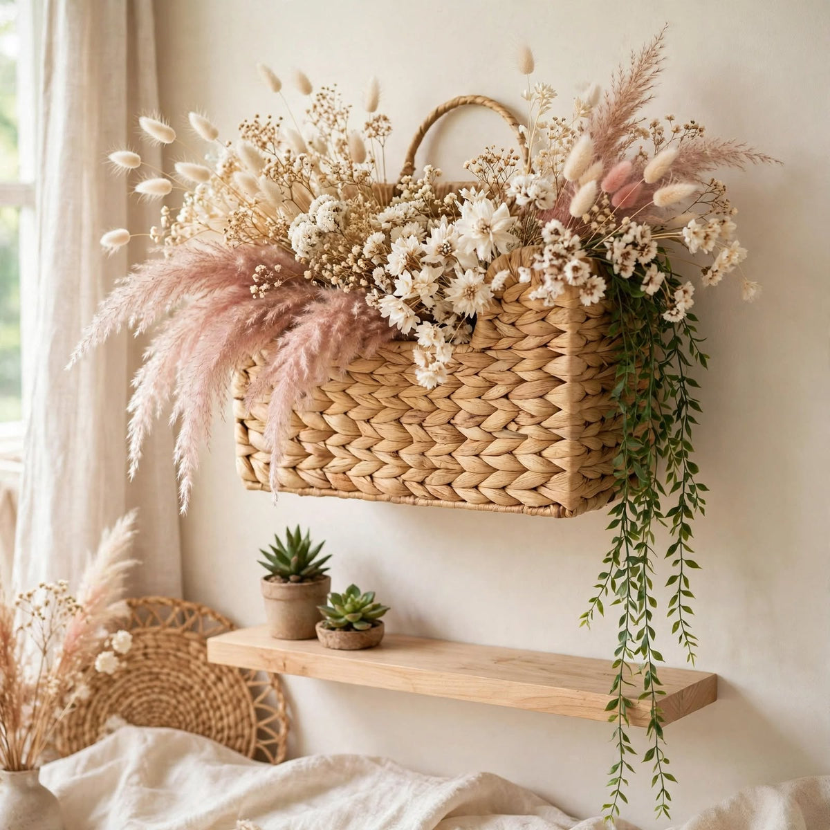 Décoration murale tressée — Panier suspendu en fibres végétales