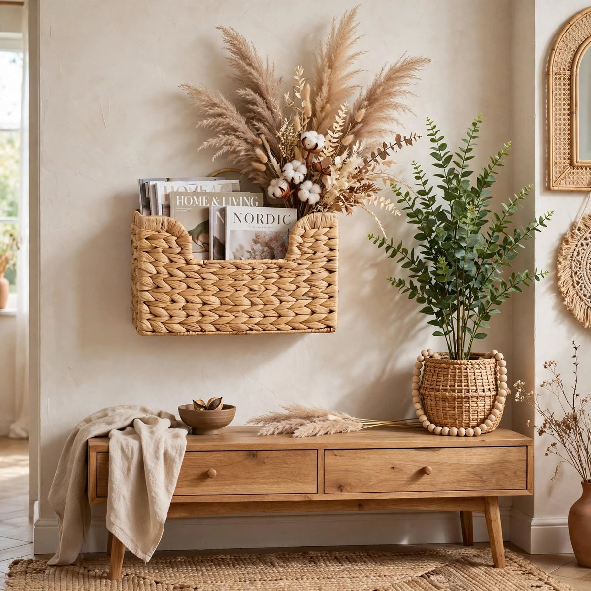 Décoration murale tressée — Panier suspendu en fibres végétales