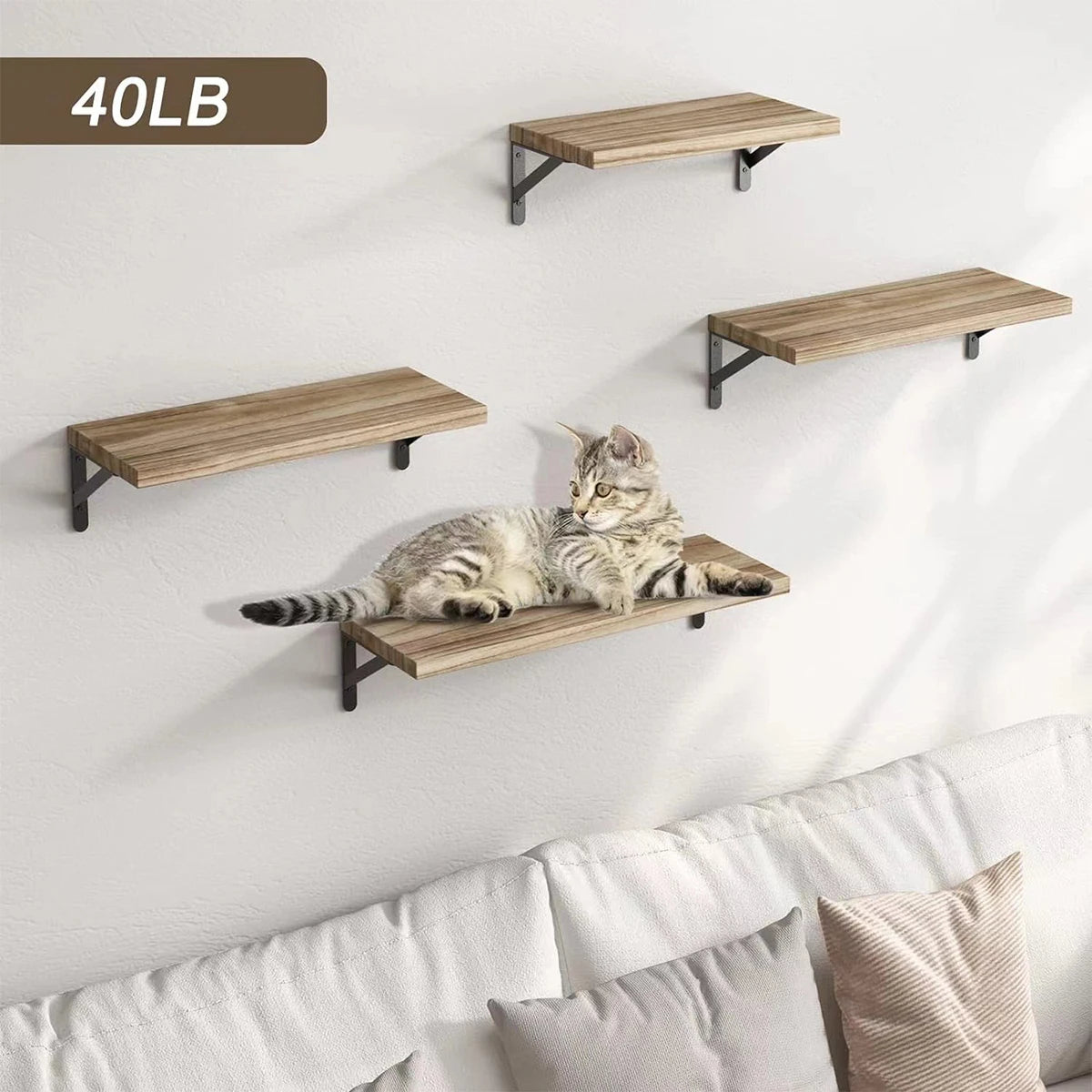 Etagere murale en bois pin marron clair support métallique suspendu intérieur