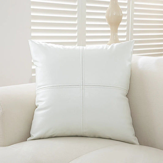 "Coussin décoratif blanc cuir synthétique patchwork 50x50cm pour canapé salon"