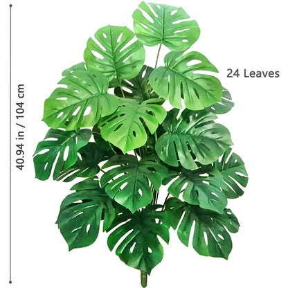 Plante artificielle extérieure-Monstera, 24 grandes feuilles vertes, hauteur 104 cm, parfaite pour une déco exotique sans entretien en extérieur sur fond blanc.