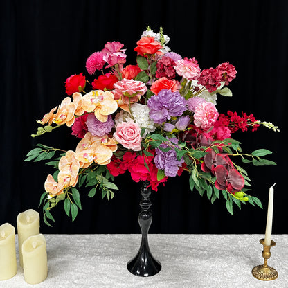Boule de fleurs artificielles multicolore avec orchidées, centre de table sur pied noir