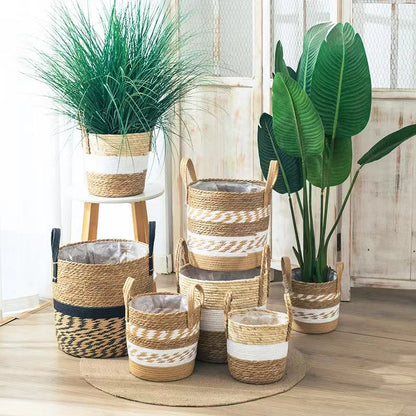 Cache-pot design herbe marine coloris Black taille 30 cm avec monstera artificiel