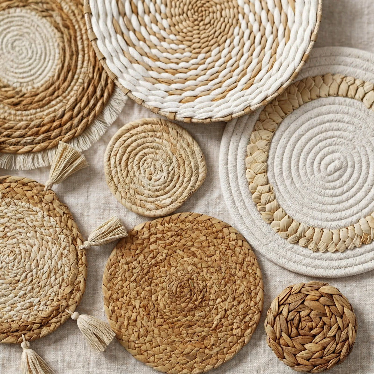 Décoration murale paille — Lot de 7 paniers tressés