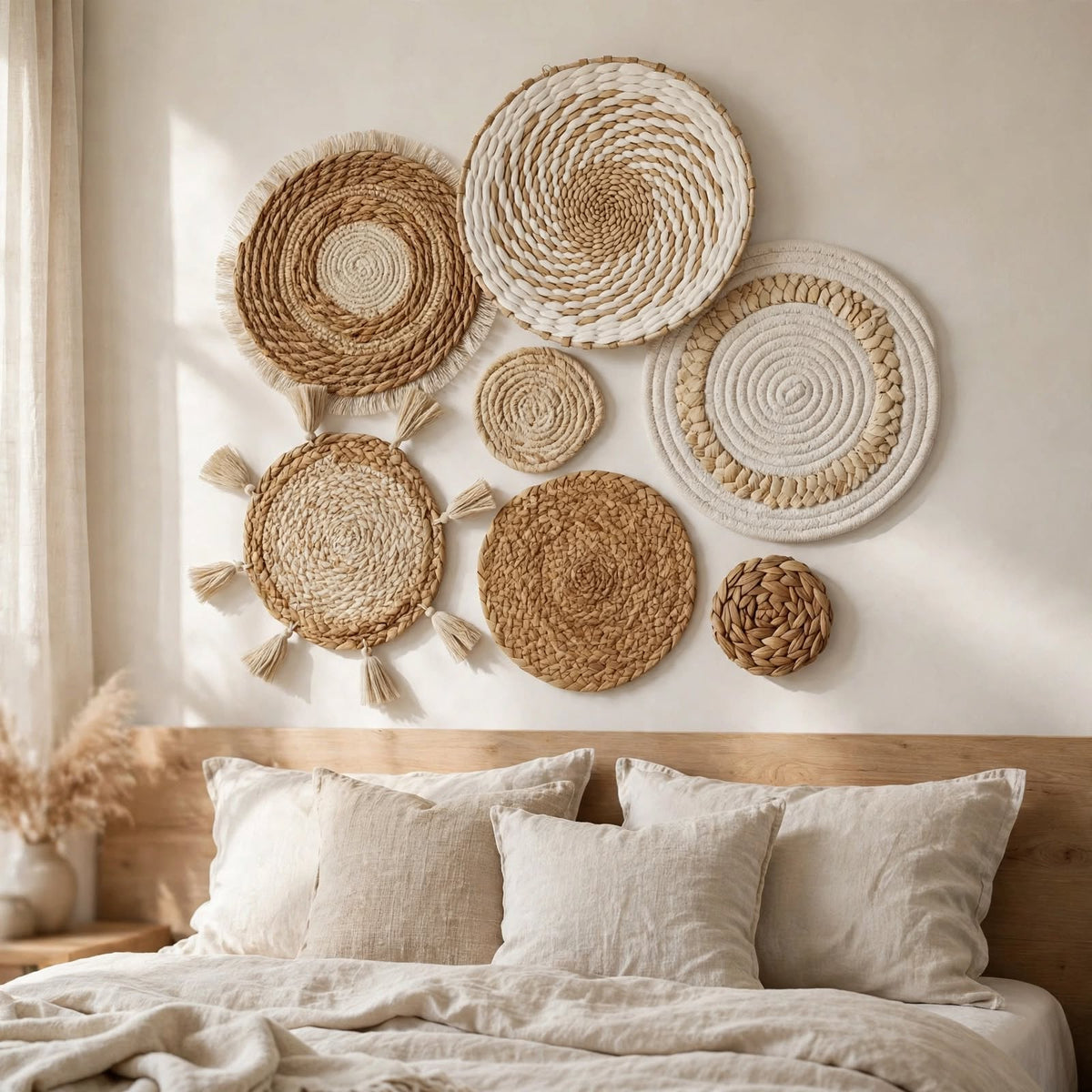 Décoration murale paille — Lot de 7 paniers tressés