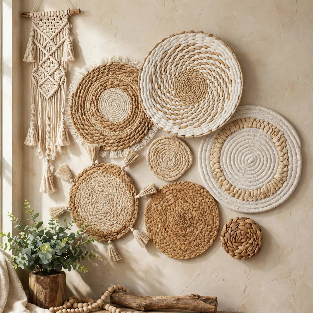 Décoration murale paille — Lot de 7 paniers tressés