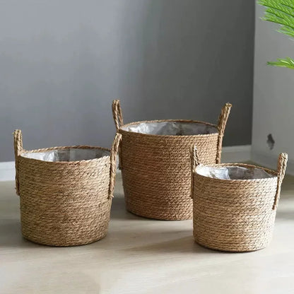 Cache-pot suspendu corde naturelle taille 20 cm avec anses cuir brun fixées rivets