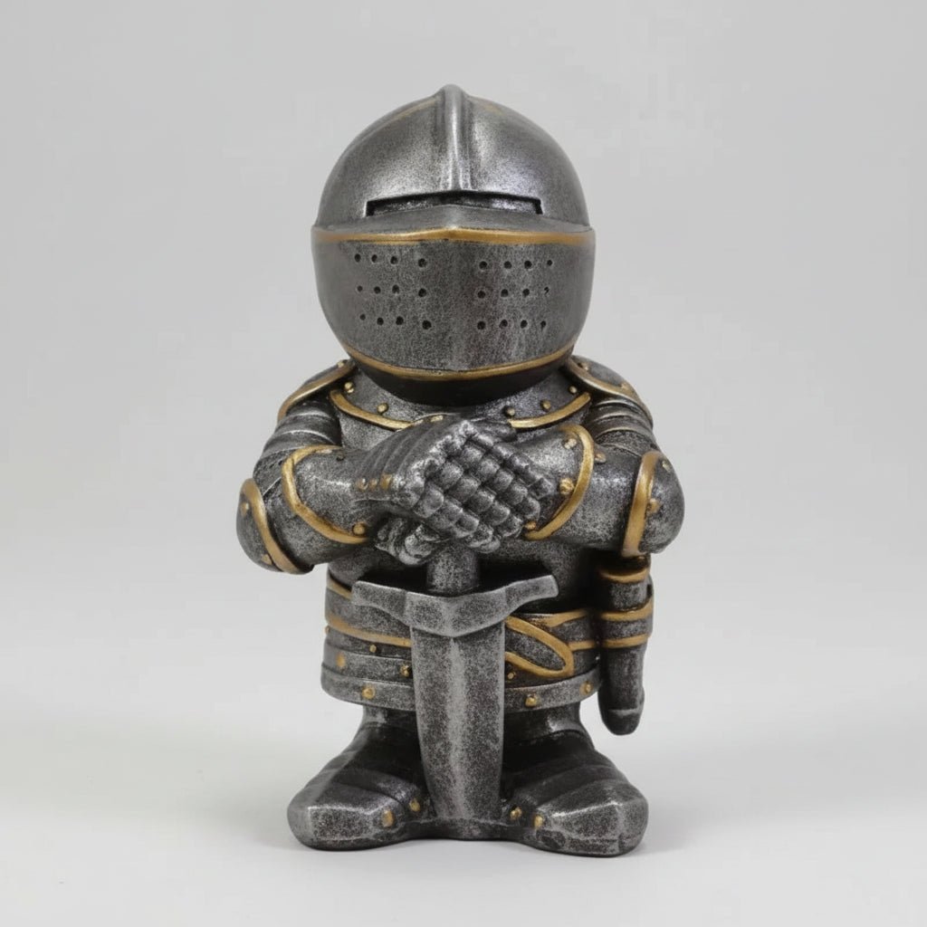 Statue de jardin fantaisie en résine représentant un nain chevalier médiéval humoristique, 15 cm, style chibi.