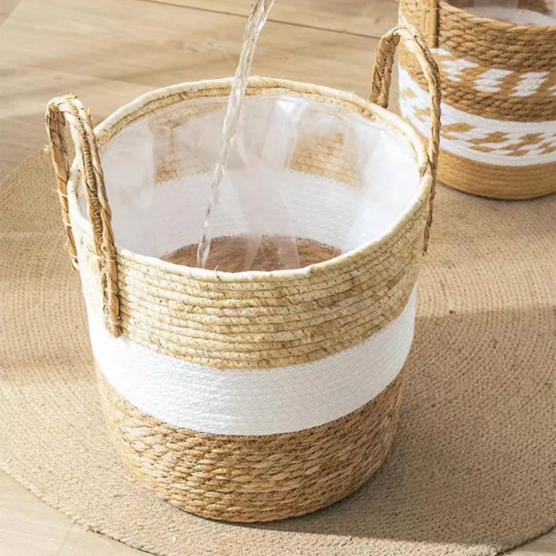 Cache-pot herbe marine coloris White bande blanche taille 26 cm