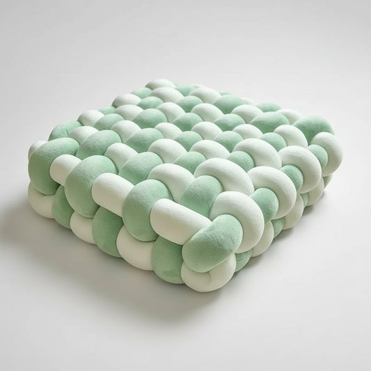 Coussin en velours noué blanc et vert sur canapé beige - décoration salon