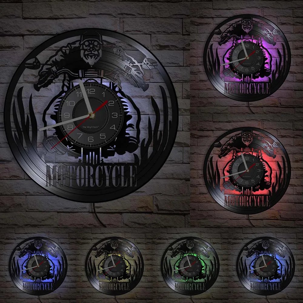 Horloge Moto Murale Vinyle Recycle Retro | Quartz Silencieux LED - Mafrenesiedecoration