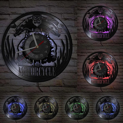 Horloge Moto Murale Vinyle Recycle Retro | Quartz Silencieux LED - Mafrenesiedecoration