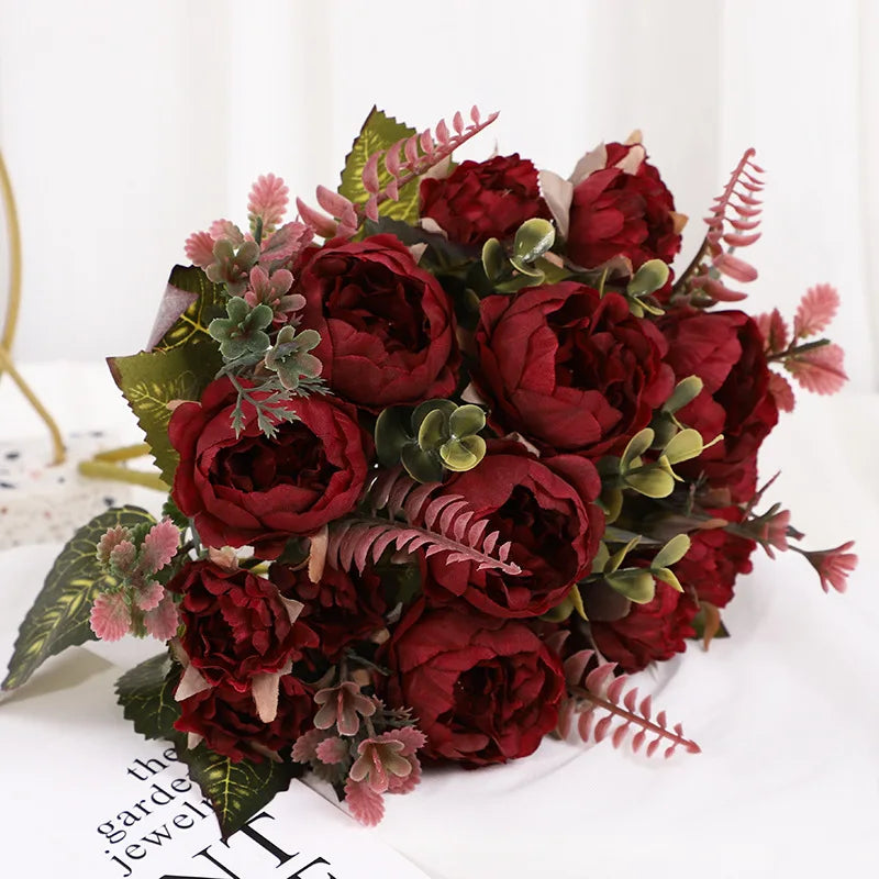 Pivoine artificielle bordeaux en soie, bouquet de 30 cm
