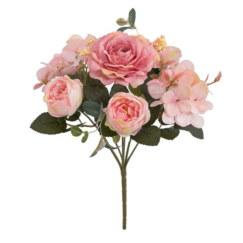 Bouquet de fleurs artificielles rose poudré, roses et hortensias