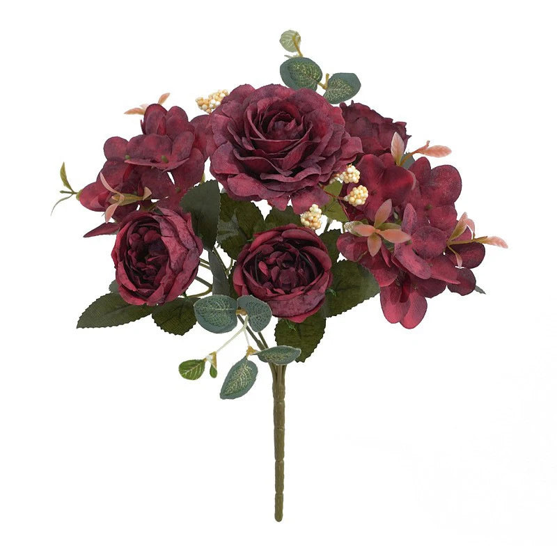 Bouquet de fleurs artificielles bordeaux style rétro, roses et pivoines