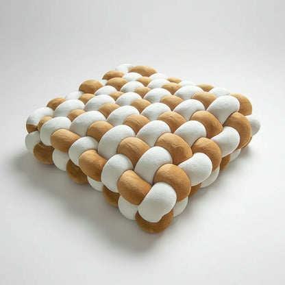  Coussin velours noué blanc et caramel - mise en scène salon