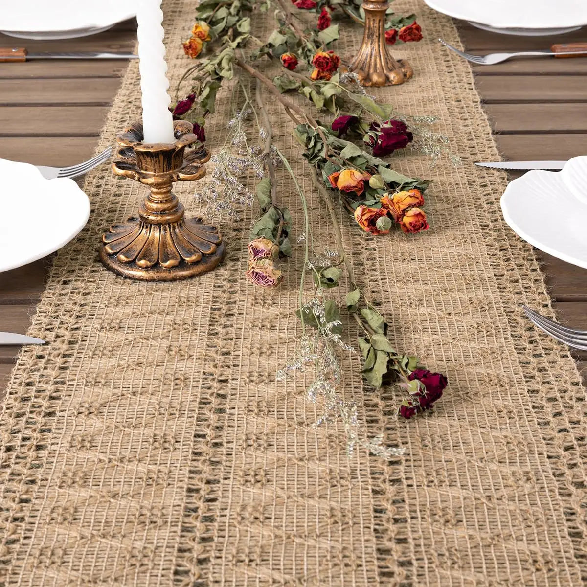 Chemin de table jute macramé 30x183cm table bois style campagne