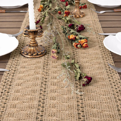 Chemin de table jute macramé 30x183cm table bois style campagne
