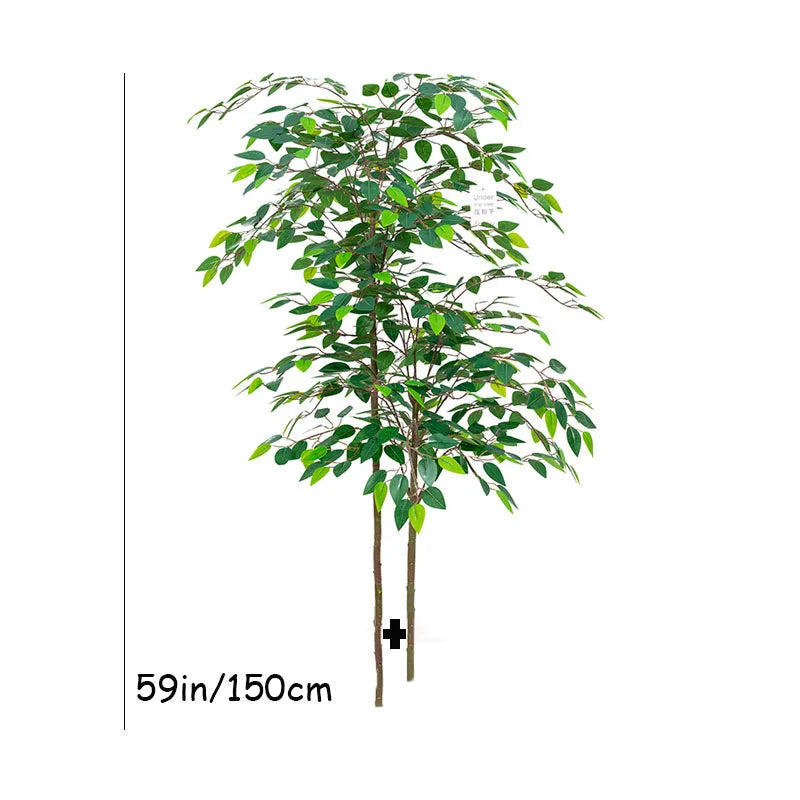 La plante artificielle-Ficus, haute de 59 pouces (150 cm) avec deux troncs bruns élancés et des feuilles vertes réalistes, apporte une touche élégante et vivante à votre décoration sur fond blanc.