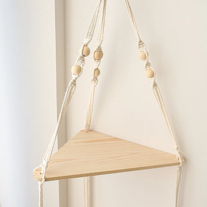 Etagere murale bois naturel suspendue macramé tissé main décoration chambre
