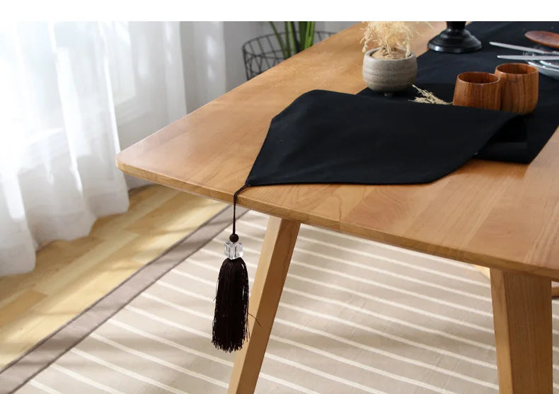 Chemin de table noir coton double face franges élégant sobre