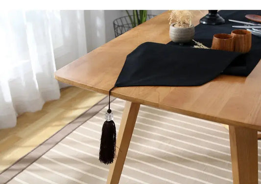 Chemin de table noir coton double face franges élégant sobre