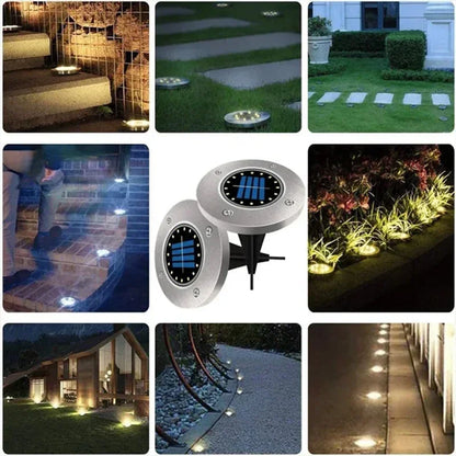 Un collage présente les Lampes solaires de sol de Mafrenesiedecoration, des lampes à disque solaires IP65 éclairant les escaliers, les jardins et les allées. Limage principale montre deux lampes autonomes avec des panneaux solaires mettant en valeur lextérieur de la maison.