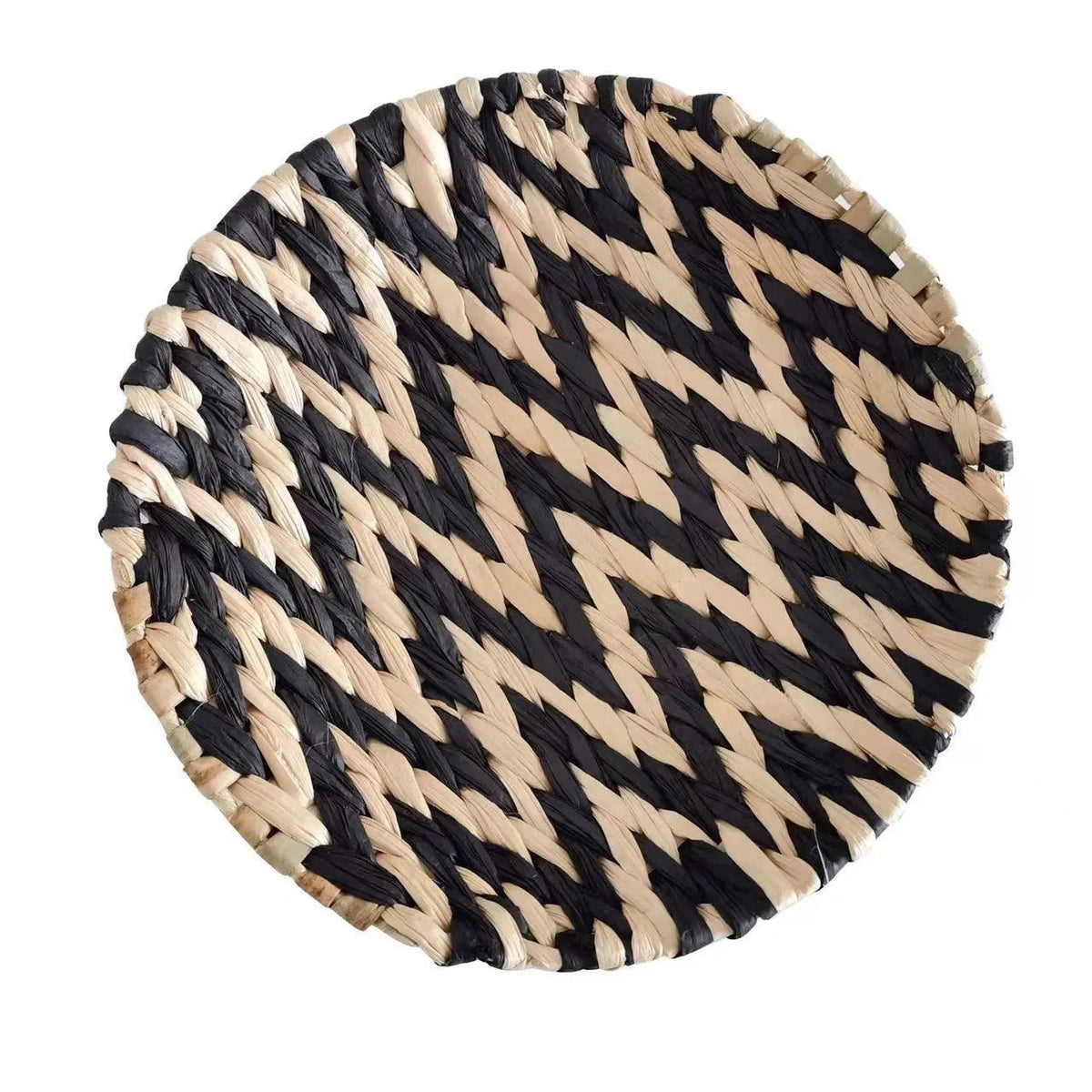 Disque mural tressé noir et naturel, motif zigzag