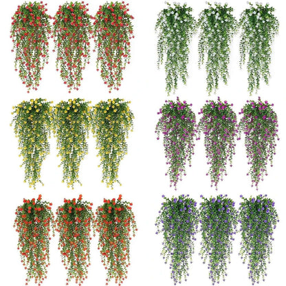 Seize Plantes artificielles tombante-Cascade Bohème en quatre rangées, avec fleurs colorées et feuillage luxuriant, offrent un décor végétal apaisant sur fond blanc.