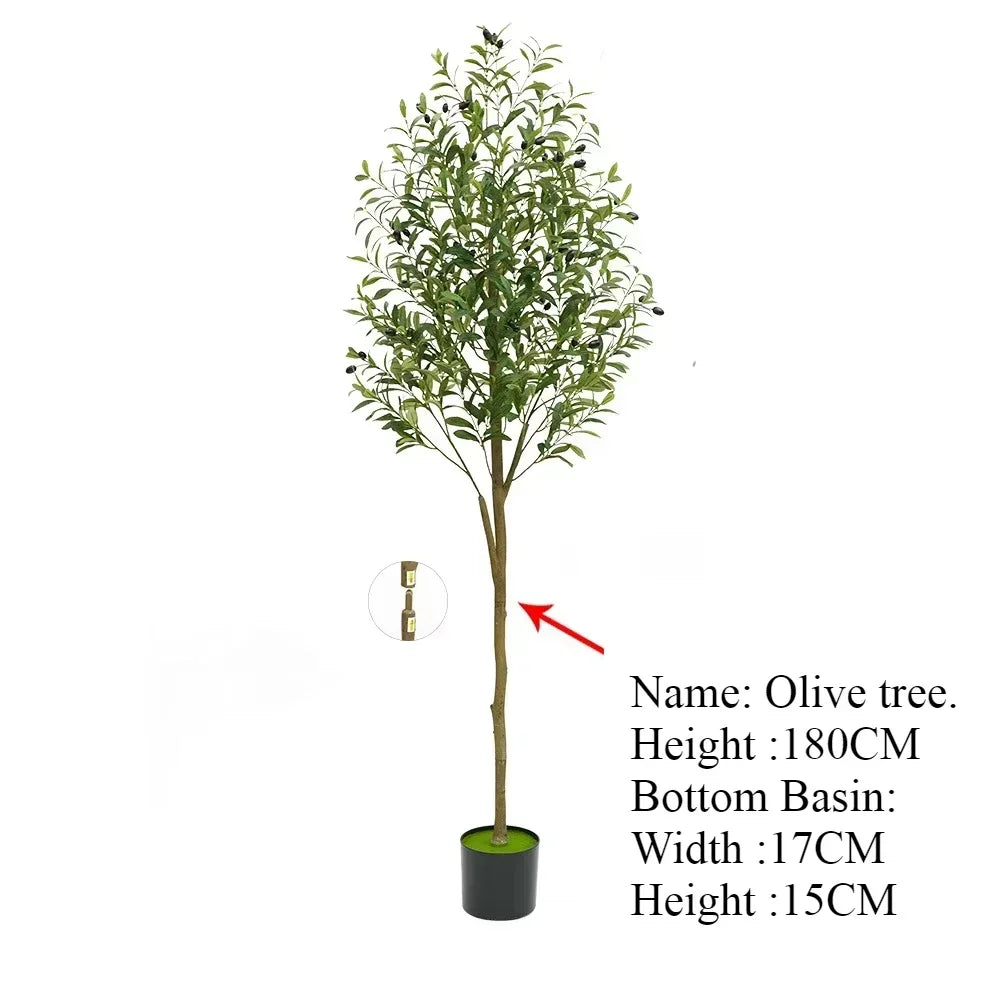 Plante artificielle extérieure-Olive, 180 cm de haut, en pot noir. Parfait pour un jardin méditerranéen ou comme plante artificielle extérieure. Une flèche met en avant le tronc avec ses dimensions affichées à droite.