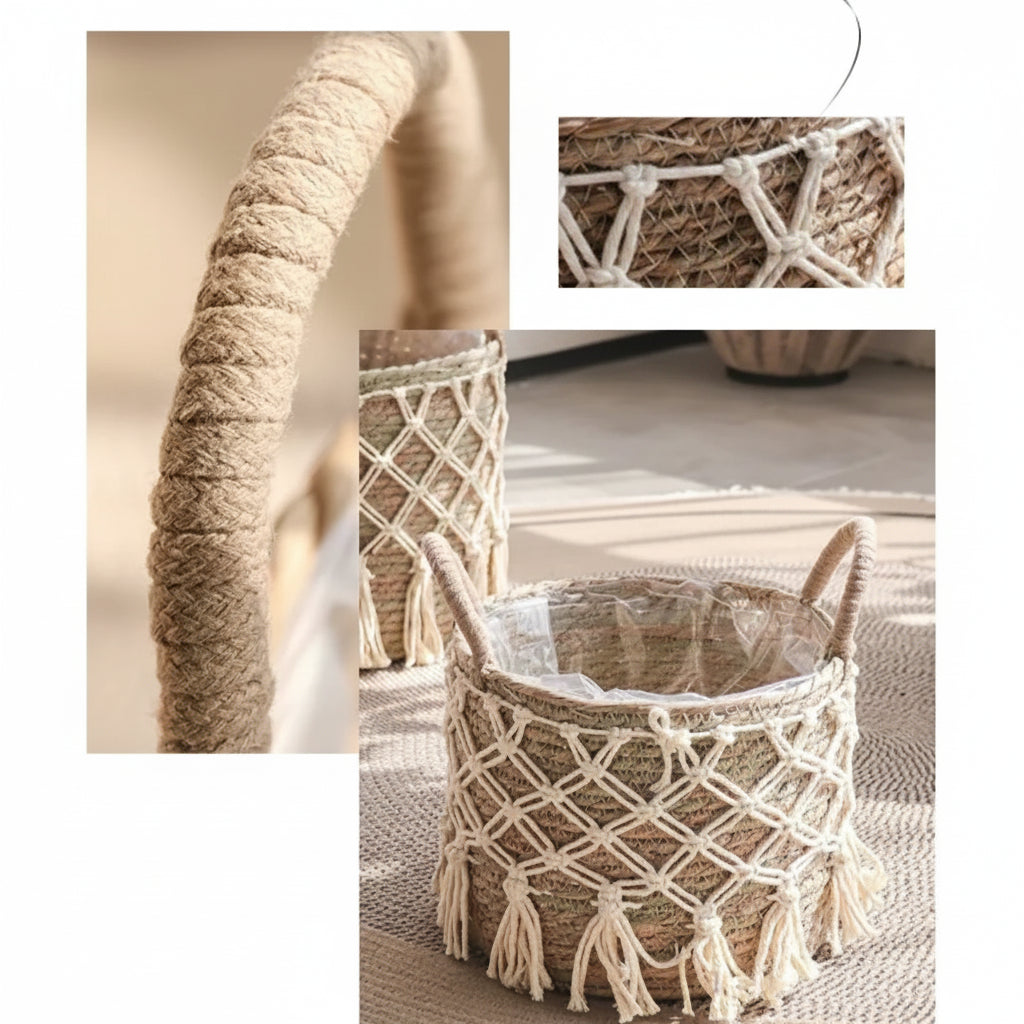 Cache pot macramé beige ton sur ton, filet noué main