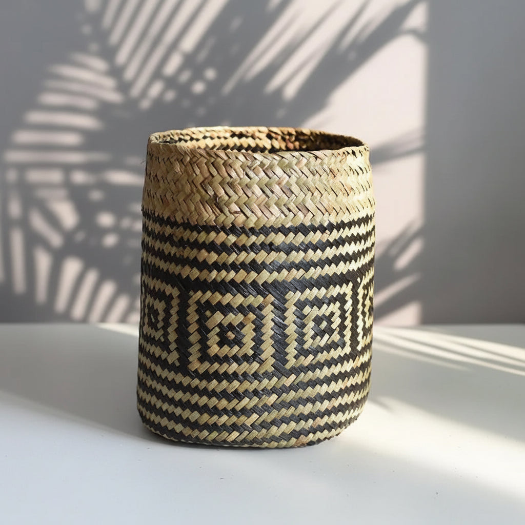 Cache pot original à grecques carrées, dimensions 14 × 23 cm
