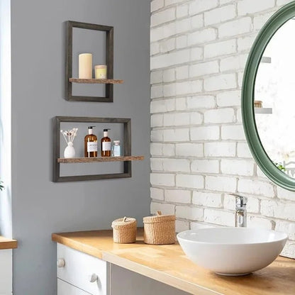 Étagères carrées murales cuisine en bois avec cadre marron naturel, rangement mural pour épices condiments et accessoires cuisine, organisation espace vertical style farmhouse
