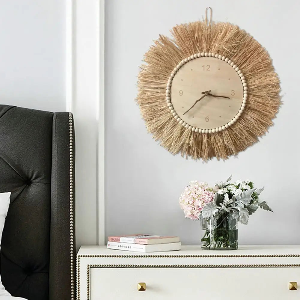 Horloge paille tissée main — Silencieuse, déco nordique